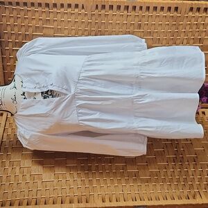 Frances Hart, Women's White Puff, Poplin Round Neck Half Button Up Mini Dress